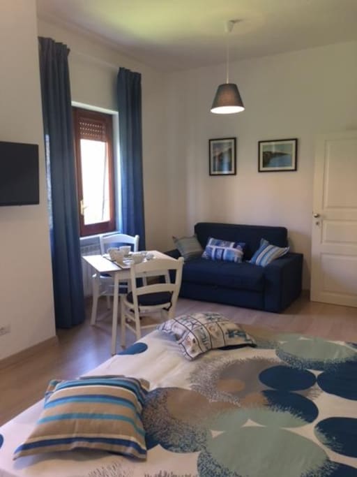 the guest room with sofa and table
