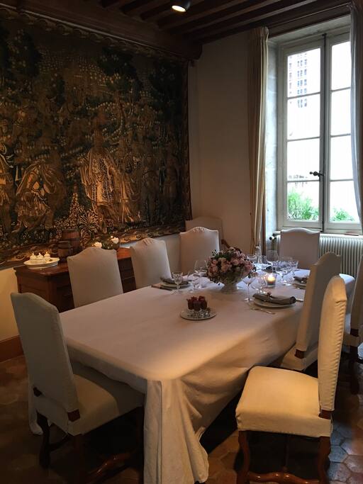 The dining table, adjacent to the kitchen; your room includes a continental breakfast of coffee or tea, croissant or baguette and orange juice.