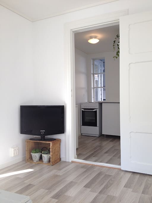 Living room with kitchen in the back