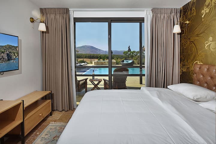Suite con salida a la piscina y vista de las montañas del Golán, incluye un gran inodoro y ducha