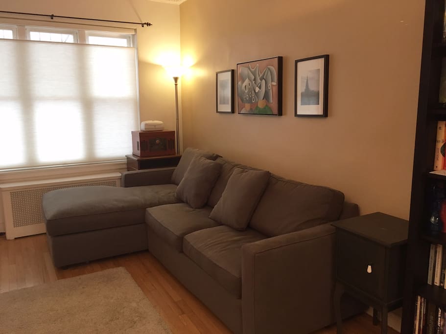 Couch has a full-size air mattress option. Catch network & local channels on the HD LCD TV in living room.