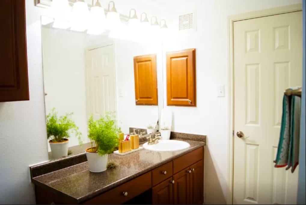 Bathroom countertop and wash area.