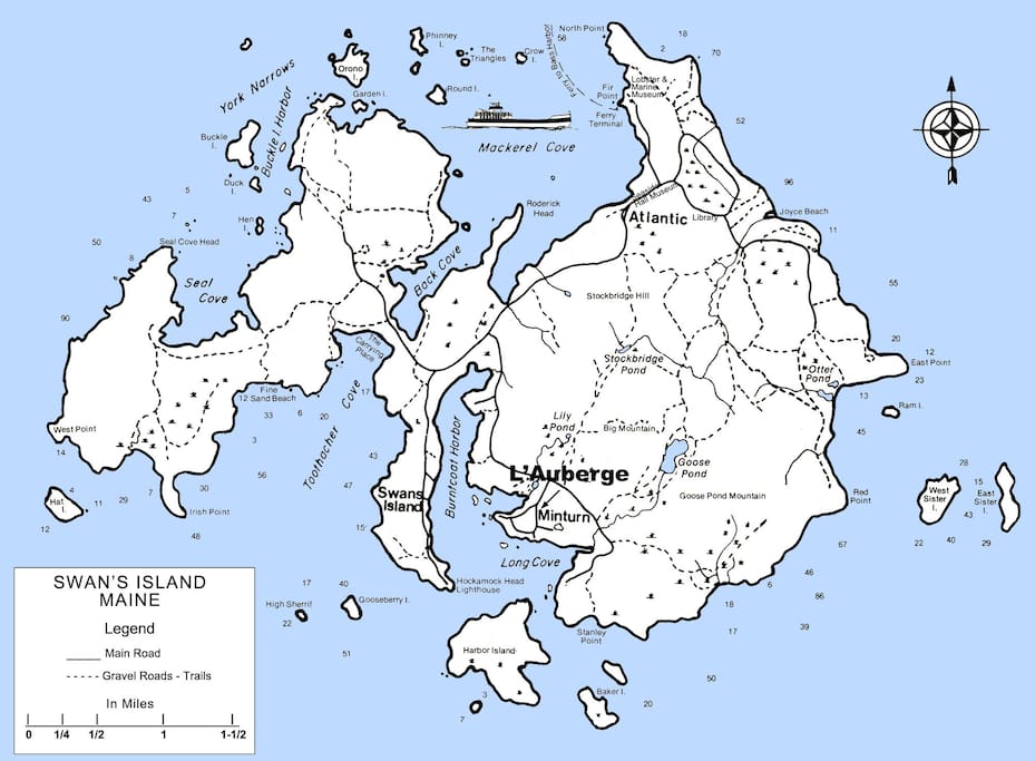 Map of Swan's Island. The ferry terminal is at the top. L'Auberge is identified near the bottom.