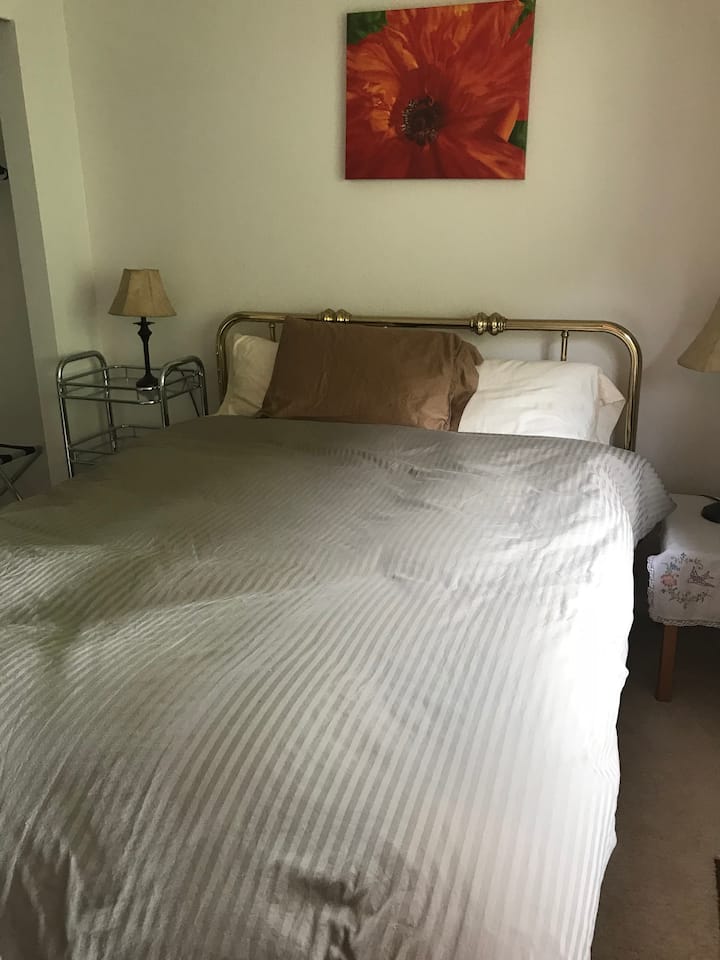 Lit queen size avec couette en duvet.