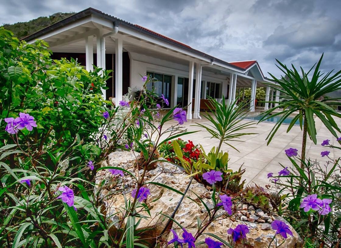 A contemporary villa is presented with a spacious terrace and a serene pool in the background. Colorful flowers and lush greenery decorate the stone pathway, framing the view of the villa's white facade and large windows that invite natural light.