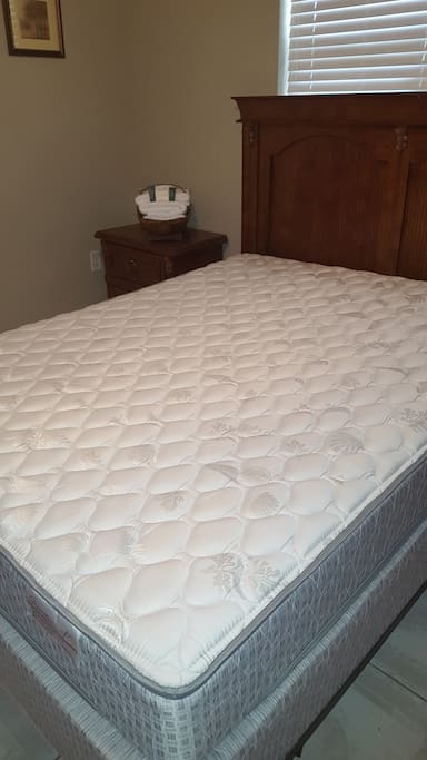 Queen size pillow top mattress and box springs and pillows are all brand new and sealed in a protective hypoallergenic cases for sanitary and allergy purposes.