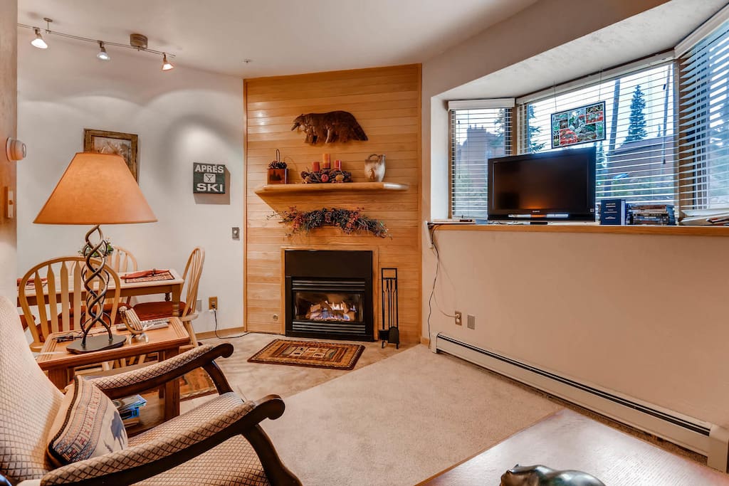 Gas fireplace with an unobstructed view of the forest