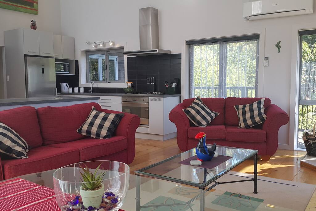 Living and modern kitchen area.