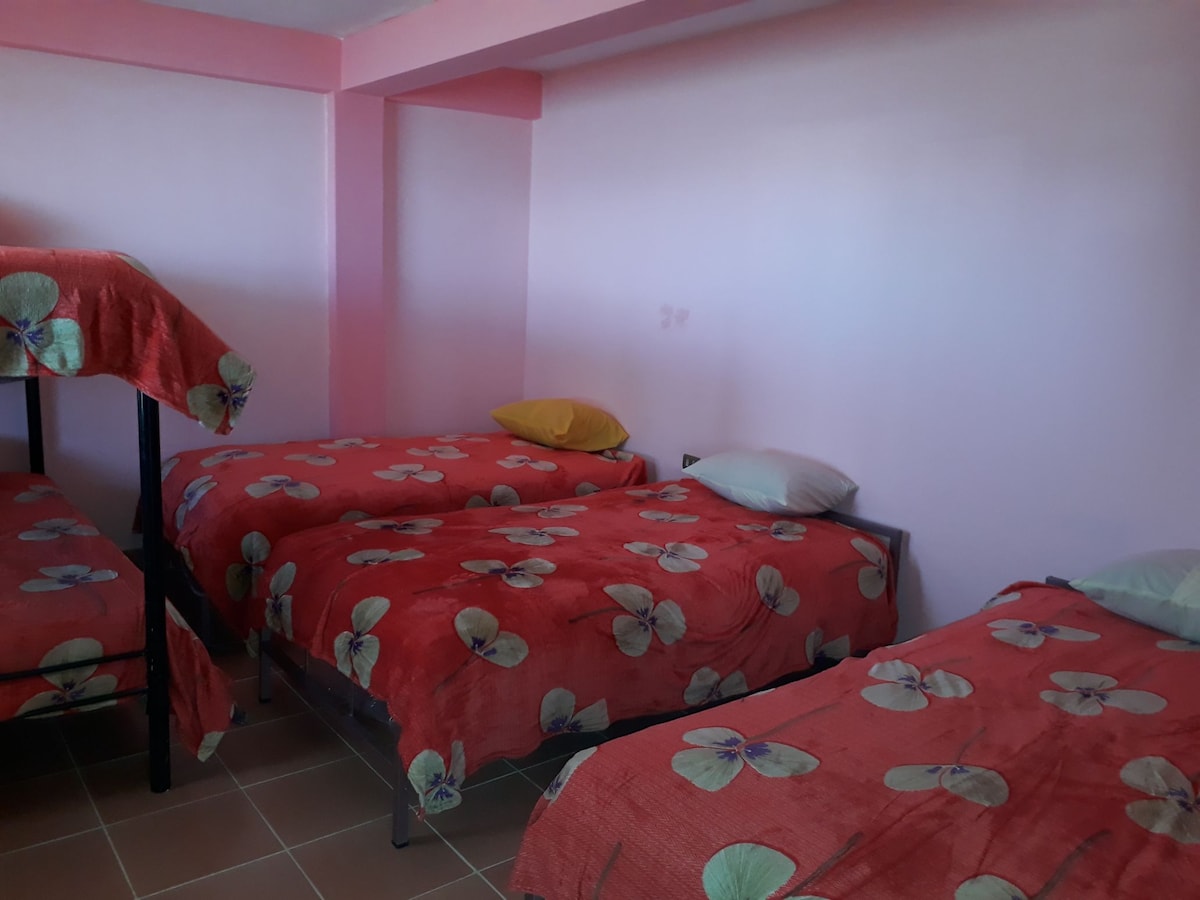 A brightly lit room features three individual beds, each covered with vibrant floral-patterned bedding. Pillows in complementary colors are placed at the head of the beds. The walls are painted in a soft pink hue, enhancing the welcoming environment.