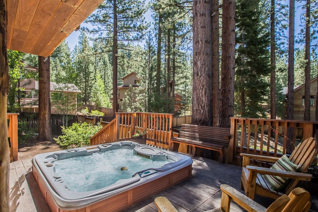 Large sunken hot tub on mid-level deck - perfect for relaxing after a day on the mountain!