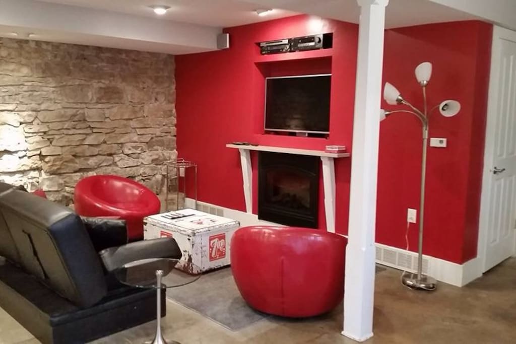 Living area with electric fireplace, cable TV