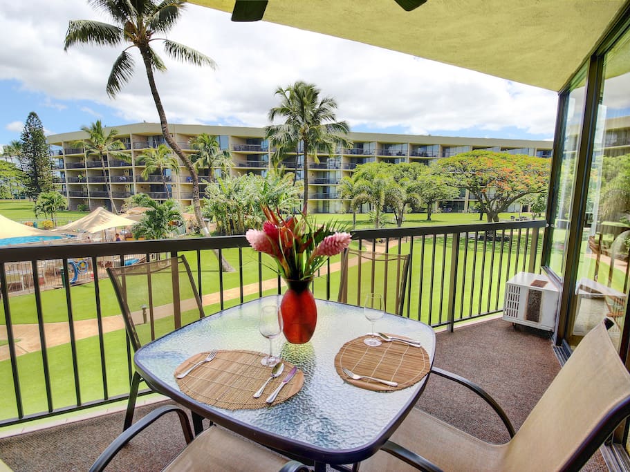 Large private lanai deck with ceiling fan for comfy afternoons