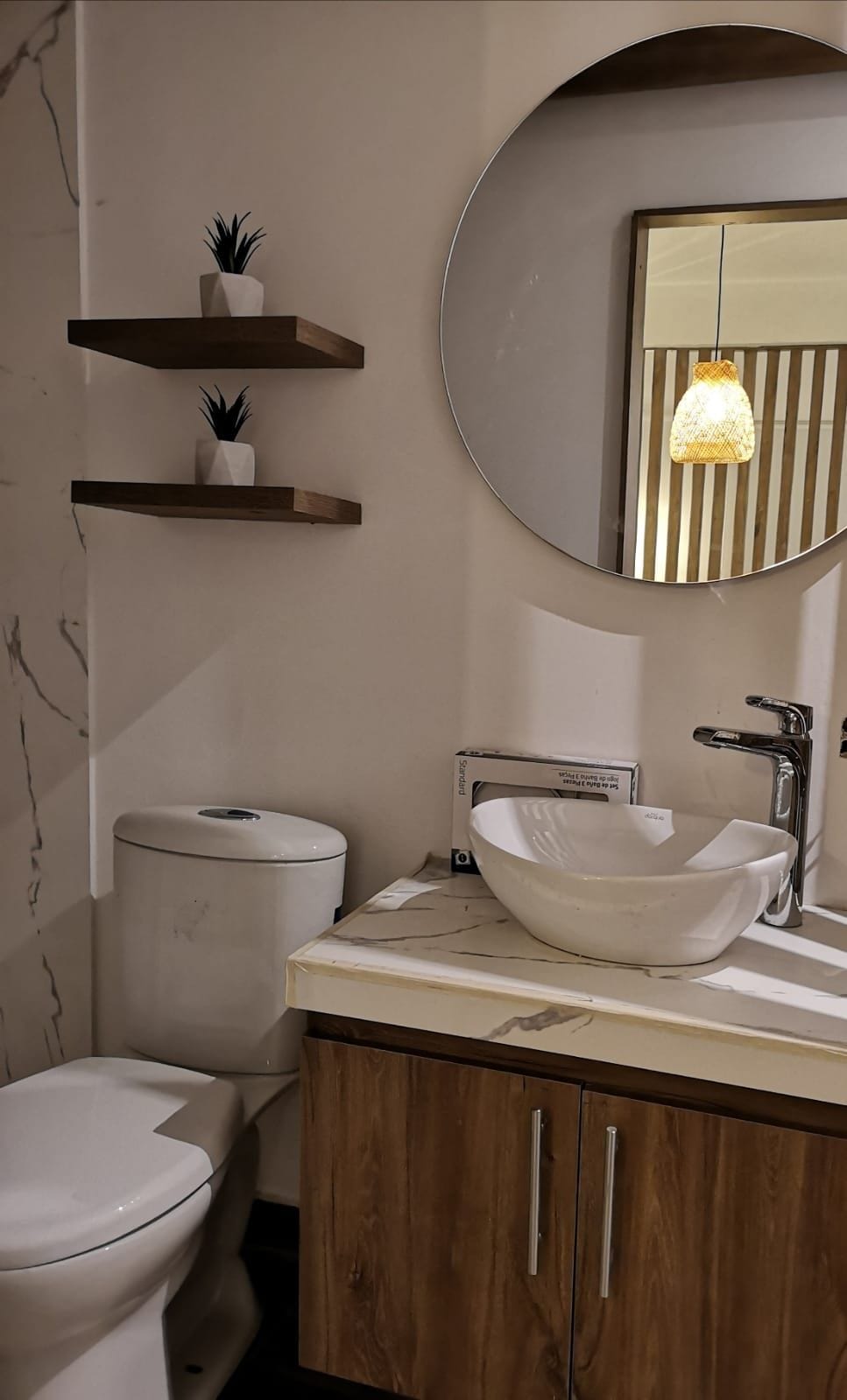 A modern bathroom is presented with a sleek, round mirror above a stylish countertop. A bowl sink is positioned on the counter, accompanied by a contemporary faucet. Open shelves showcase small plants, and a toilet is positioned adjacent to the sink area, creating a cohesive design.
