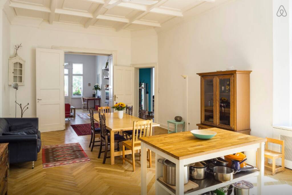 Shared open kitchen, dining, sitting room