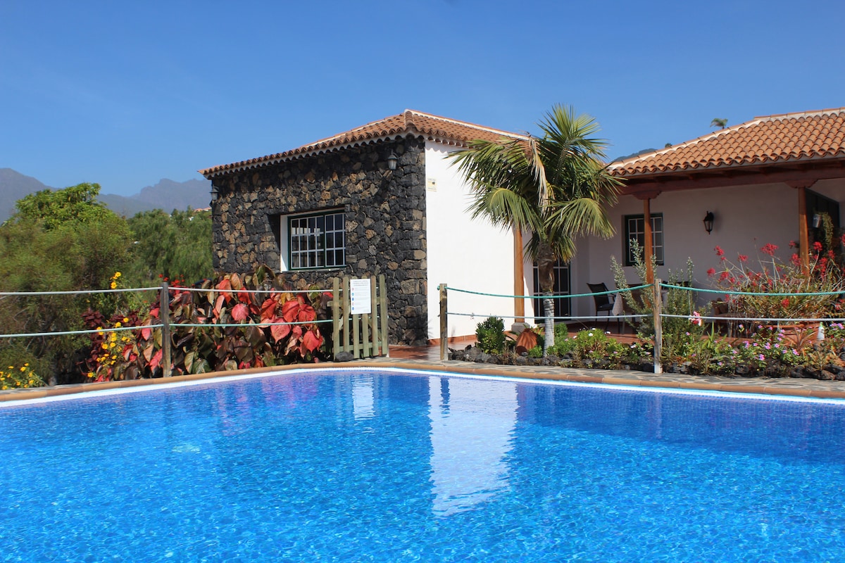 A clear view of a bungalow surrounded by lush vegetation is presented. The vibrant swimming pool in the foreground reflects the blue sky and is bordered by a wooden fence. The bungalow's stone exterior complements its earthy surroundings, with comfortable seating visible on the terrace.