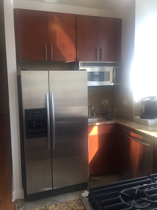 Kitchen with stainless steal new appliances (Dishwasher, refrigerator with filtered water, stove, oven, microwave )