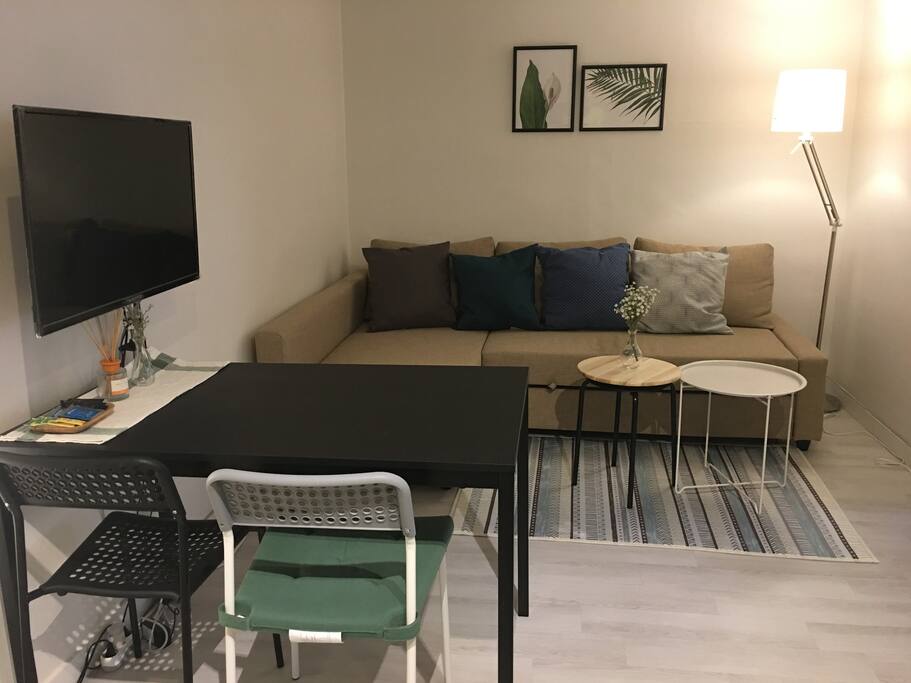 Living room with a large sofa, table, and TV. The sofa can transform into a queen-sized sofa-bed.