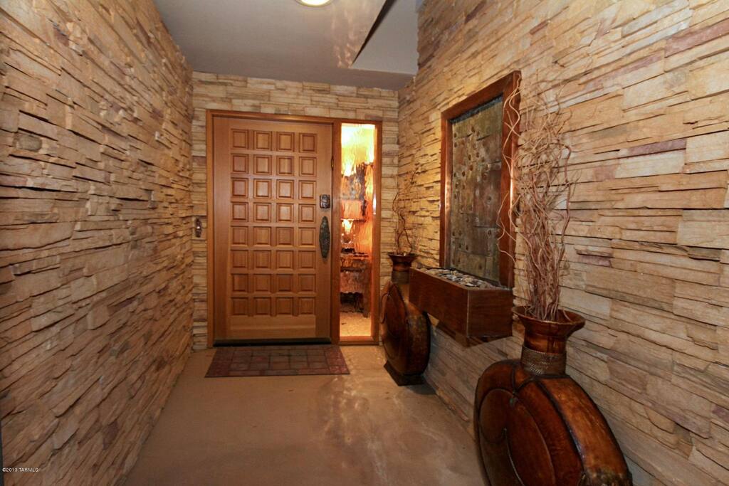Stack-stone entry with copper fountain