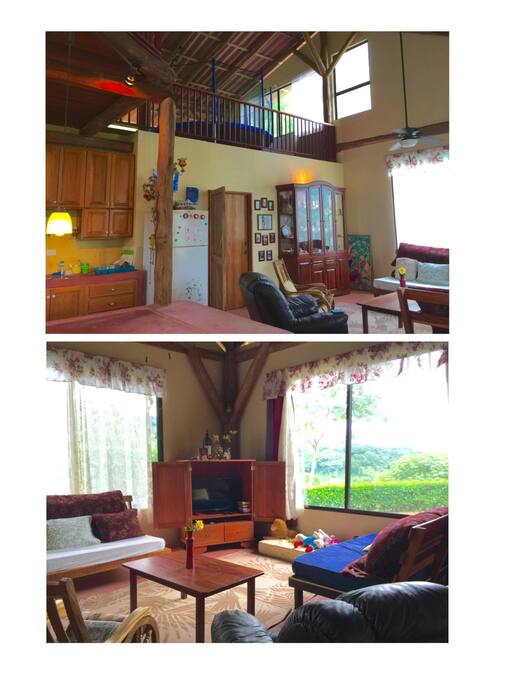 Living room downstairs and loft with trampoline upstairs!