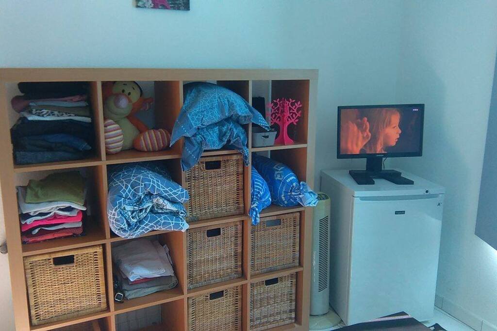 Espace rangement, ventilateur, congélateur, télévision