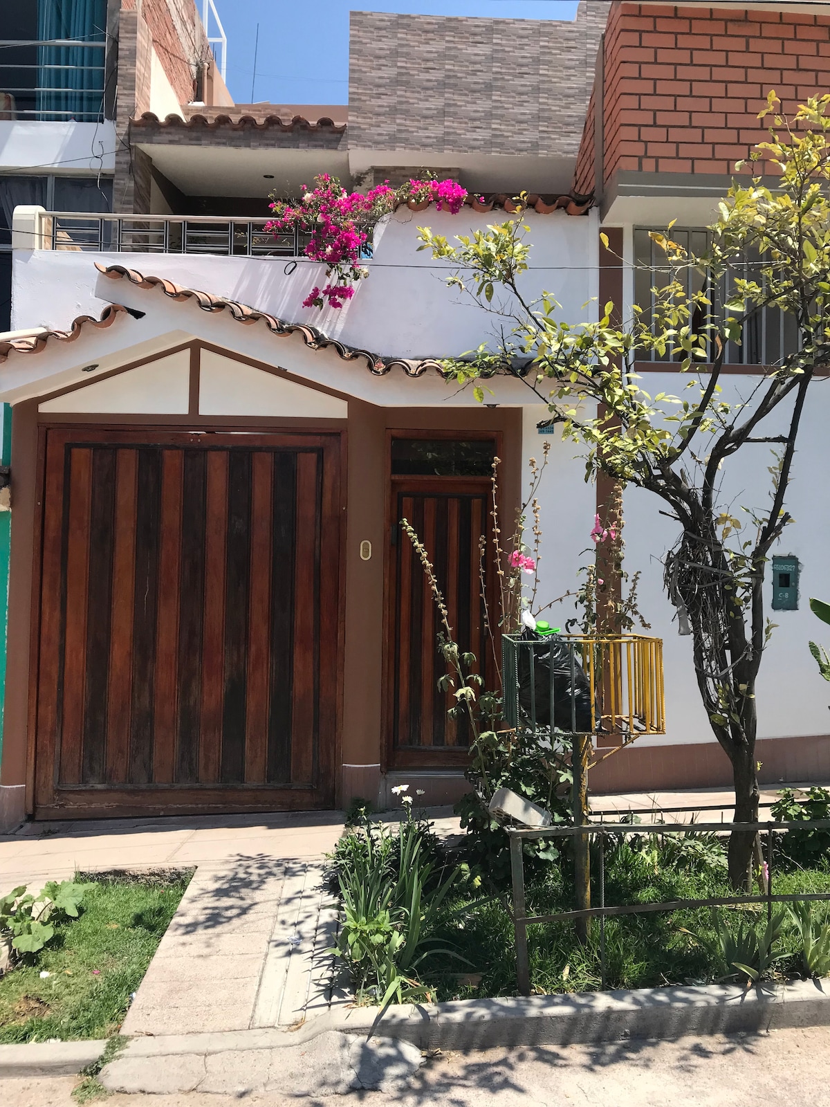 A charming entrance is framed by wooden double doors, complemented by a vibrant display of pink flowers above. The pathway is lined with greenery and small plants, adding to the welcoming appearance of the residence.