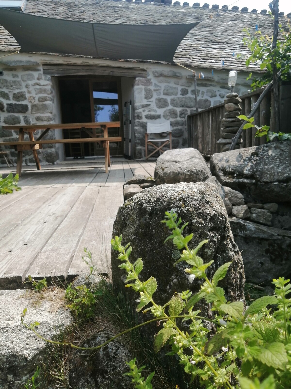 A rustic stone exterior is observed with a covered porch area, featuring a wooden table and chairs. Low-growing greenery frames the scene, while the entrance displays large glass doors leading into the interior. Natural materials enhance the setting in a tranquil environment.