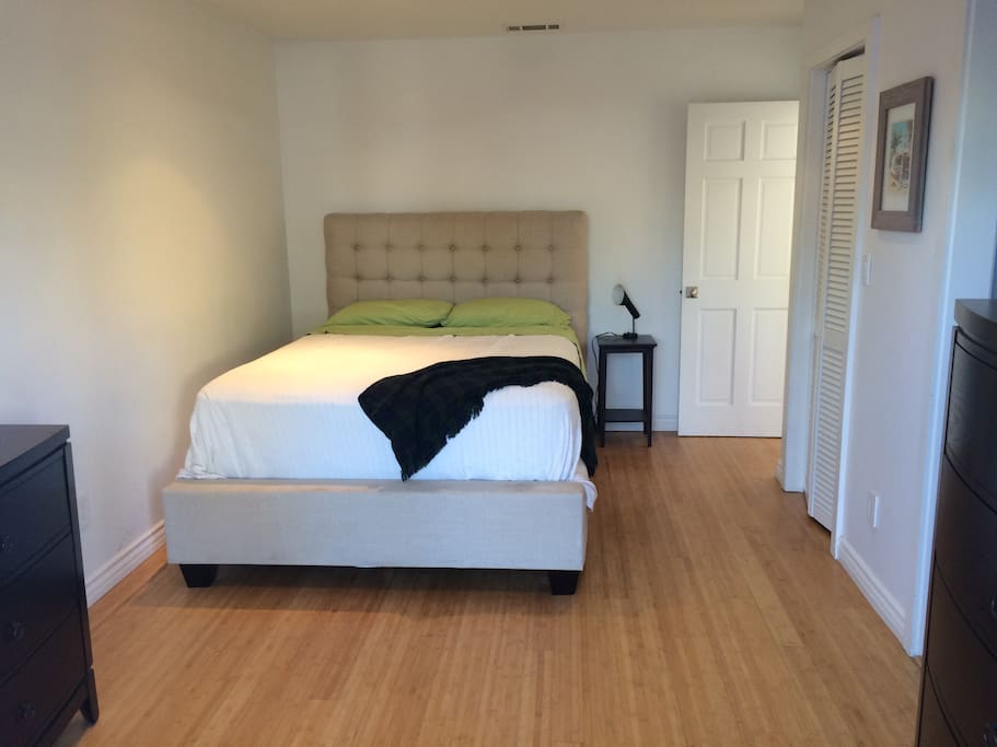 Modern tufted headboard with pillow topped queen size mattress, walk in closet.