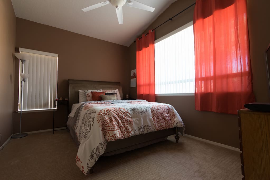Personalize your comfort by controlling the ceiling fan and lighting with your own remote. Big windows let in a lot of light.