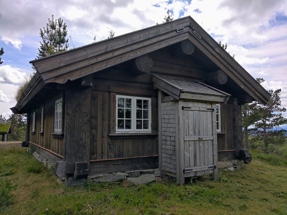 A traditional wooden cabin features a sloped roof and large windows, allowing for natural light. A quaint storage shed is positioned beside the main entrance. Surrounding greenery enhances the serene environment, with glimpses of the distant landscape visible beyond the cabin.