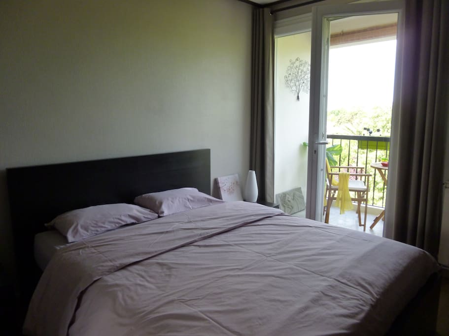Chambre climatisée avec un grand lit.