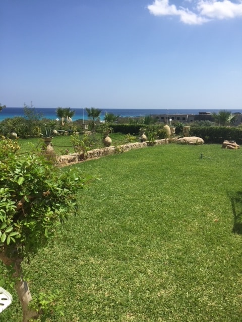 A large garden area is showcased, featuring well-maintained grass and vibrant greenery. Decorative stone elements are placed throughout the space, with the tranquil turquoise sea visible in the background under a clear blue sky.