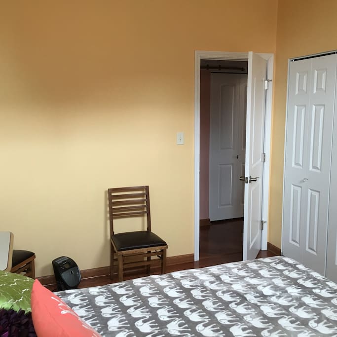 Two chairs; table; lamp. One closet for your use. There is a thermostat in the hallway you can use as you please.