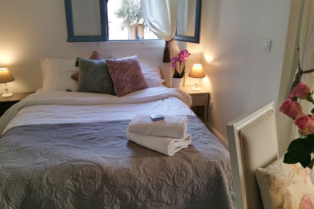 The cosy Bedroom looking over the olive tree