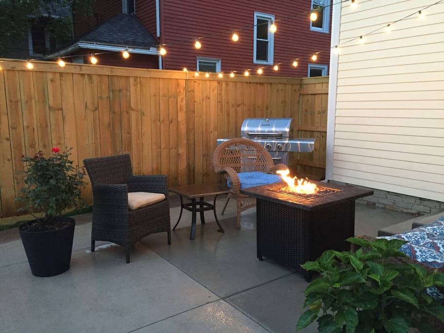 Patio with propane fire pit and grill