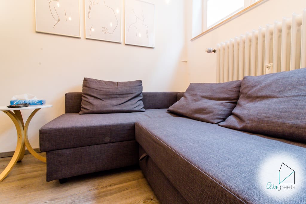The spacious couch can be transformed into a bed which suits 2 person.