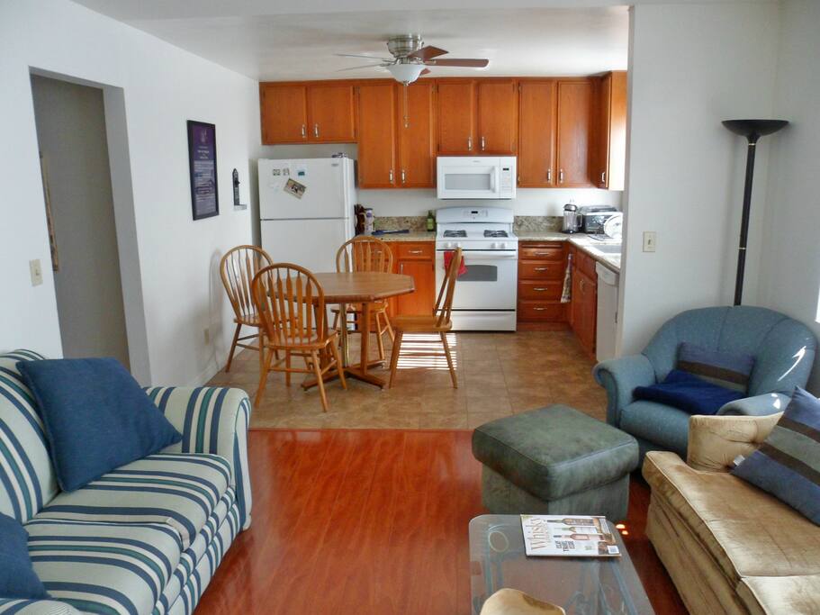 Open and sunny living room and kitchen.