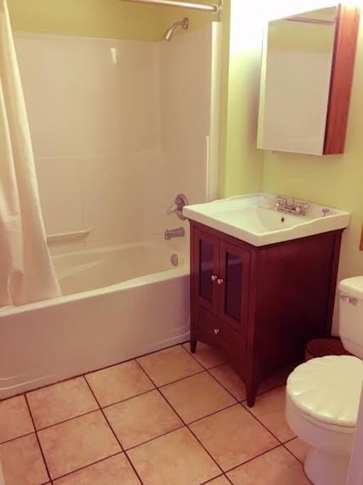 Bathroom is potentially shared with one other guest, but usually private. Shower, bath, large sink.