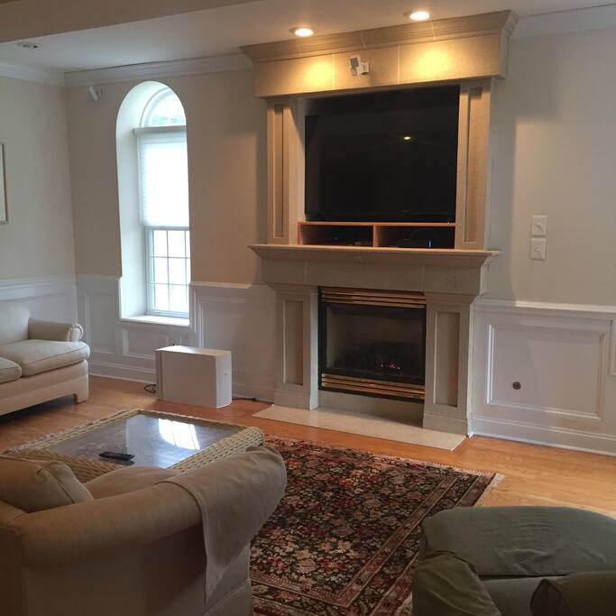 Living room with gas fireplace bright and sunny with a pullout sofa.