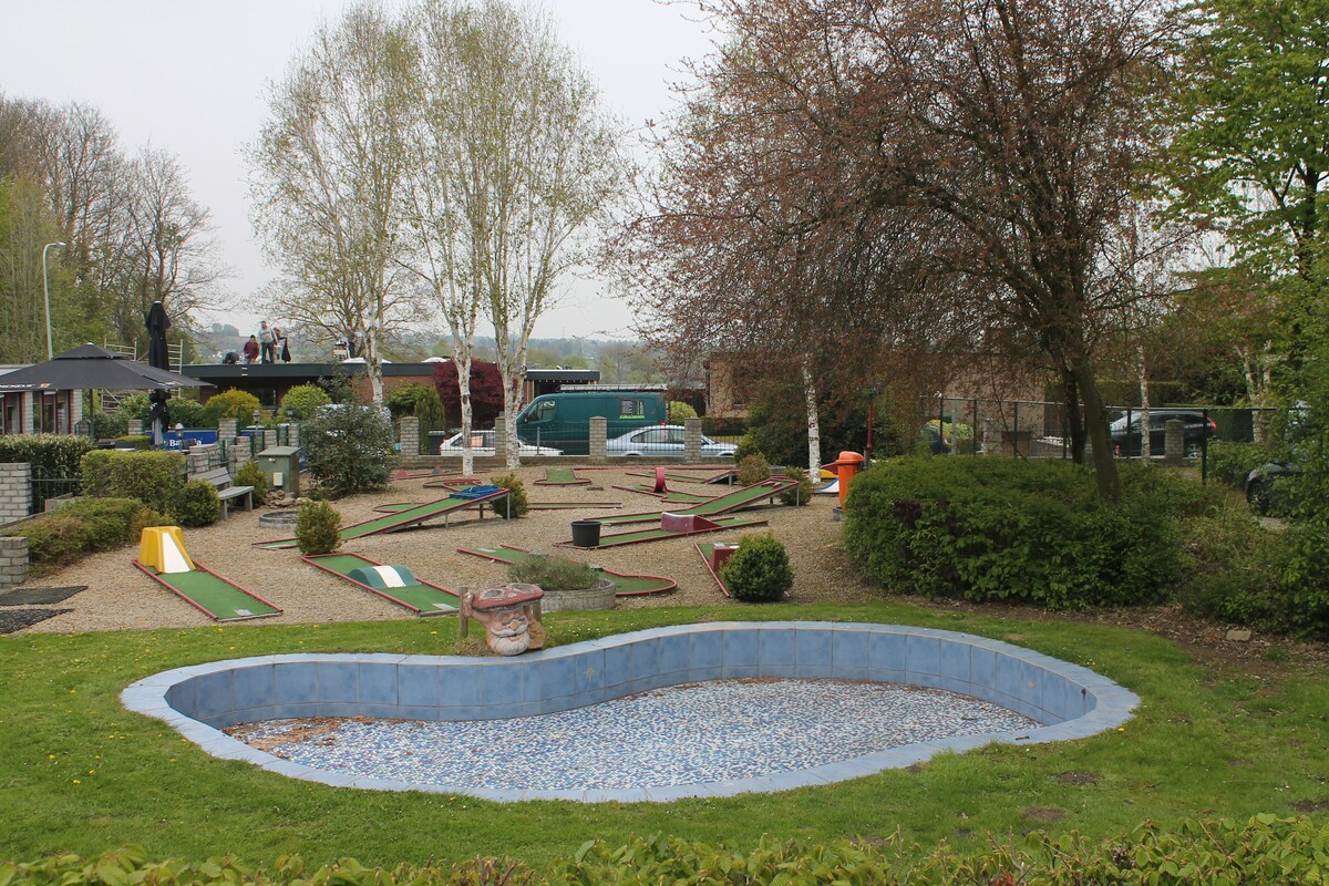 An outdoor recreational area is depicted with a miniature golf course featuring various colorful holes and paths. A small, empty pool is visible in the foreground, surrounded by pebble pathways and greenery, while trees provide shade throughout the area.