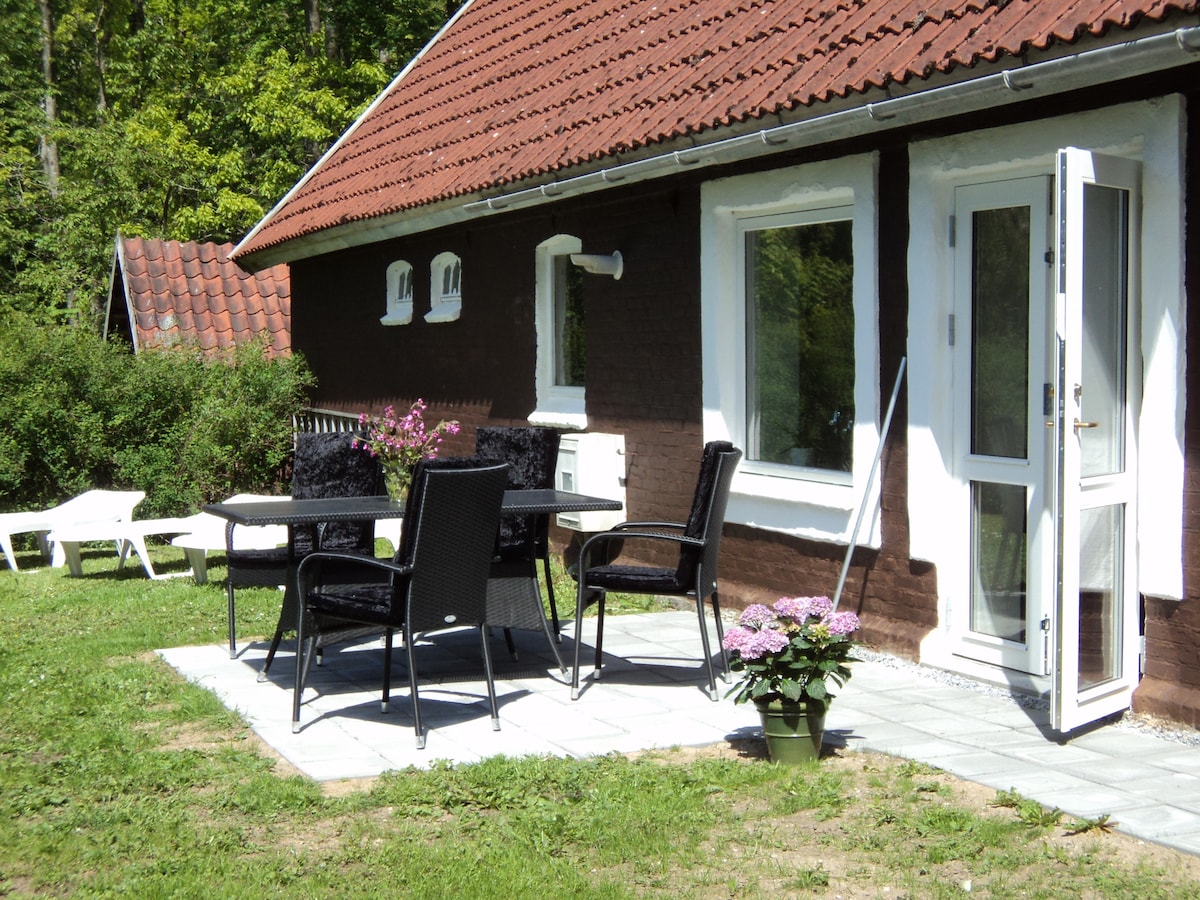 A private terrace features a dining table with four black chairs and a decorative flowerpot. Sunlight illuminates the area, while the surrounding greenery adds a natural backdrop. The entrance door can be seen, leading into the cozy living space of the apartment.
