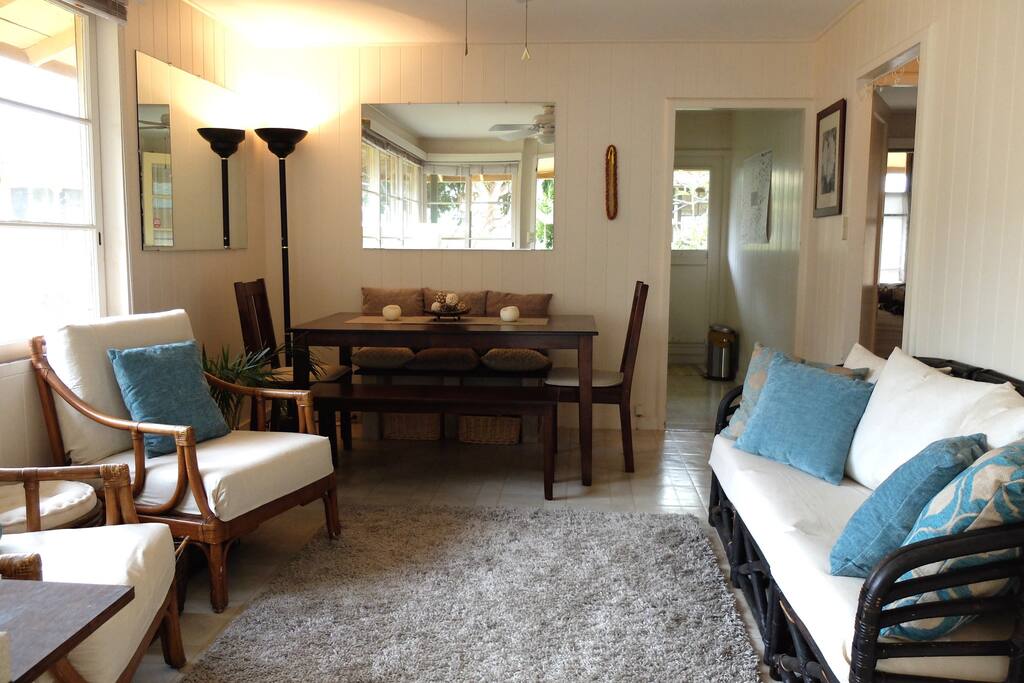 Living room and dining area with ceiling fan and wireless internet