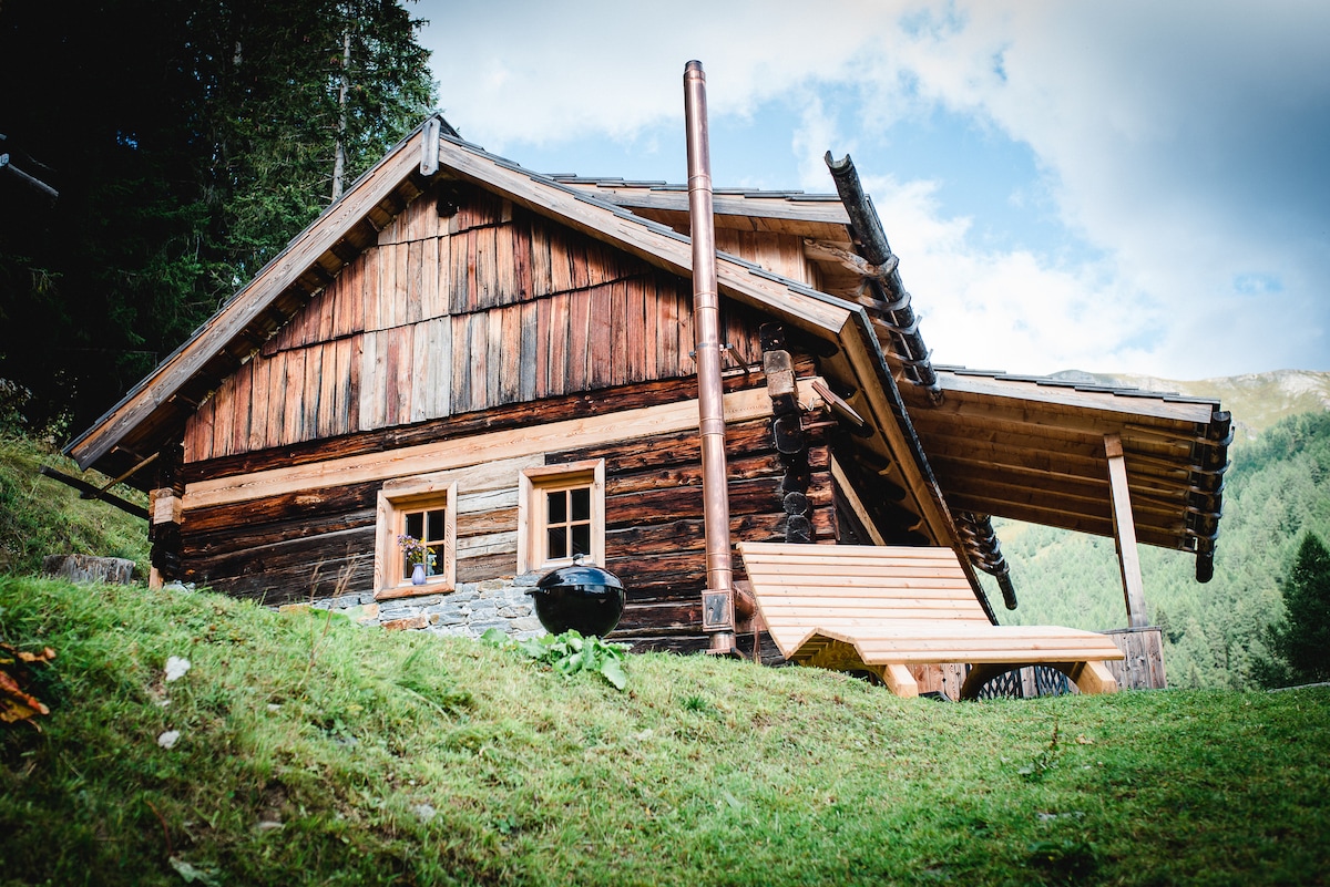The exterior of a rustic wooden cabin is showcased, featuring a sloped roof with logs and a covered terrace. Two small windows are visible, and a grill sits beside a wooden bench on the grassy area, surrounded by trees and mountain views.