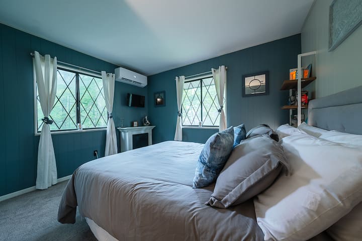 Upstairs lake room with queen bed and AC unit. There is a pack and play and baby monitor along with dresser in the closet. It has a tv and electric fireplace, a wireless charging lamp, and alarm clock with 2 USB ports