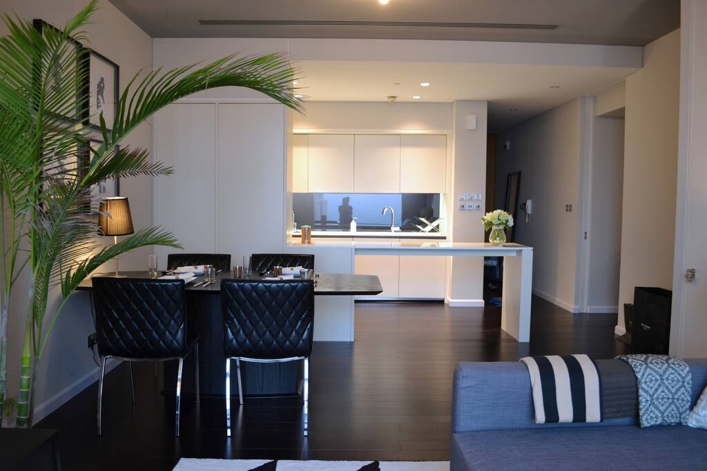 Spacious living room with open kitchen