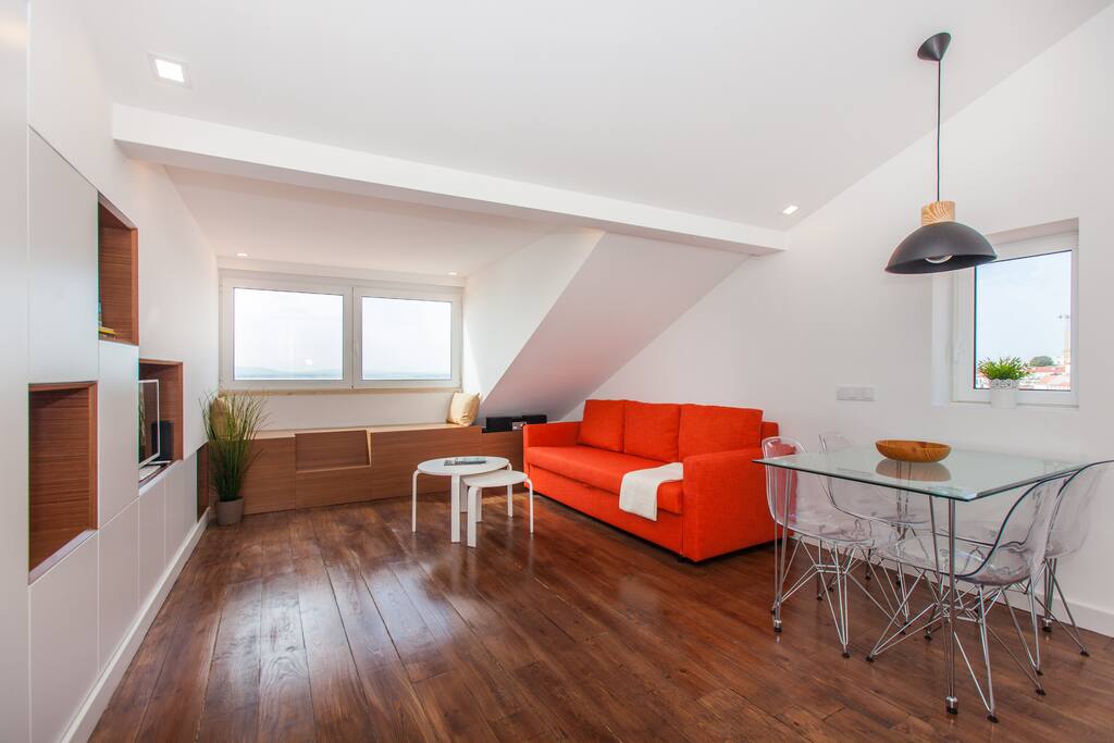 The living room with an endless river view