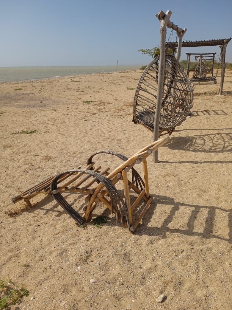 A sandy beach area is depicted, featuring unique seating structures crafted from natural materials. The curved frames stand in various positions, with shadows cast by the bright sun. In the background, the water's edge is visible, enhancing the serene coastal setting.