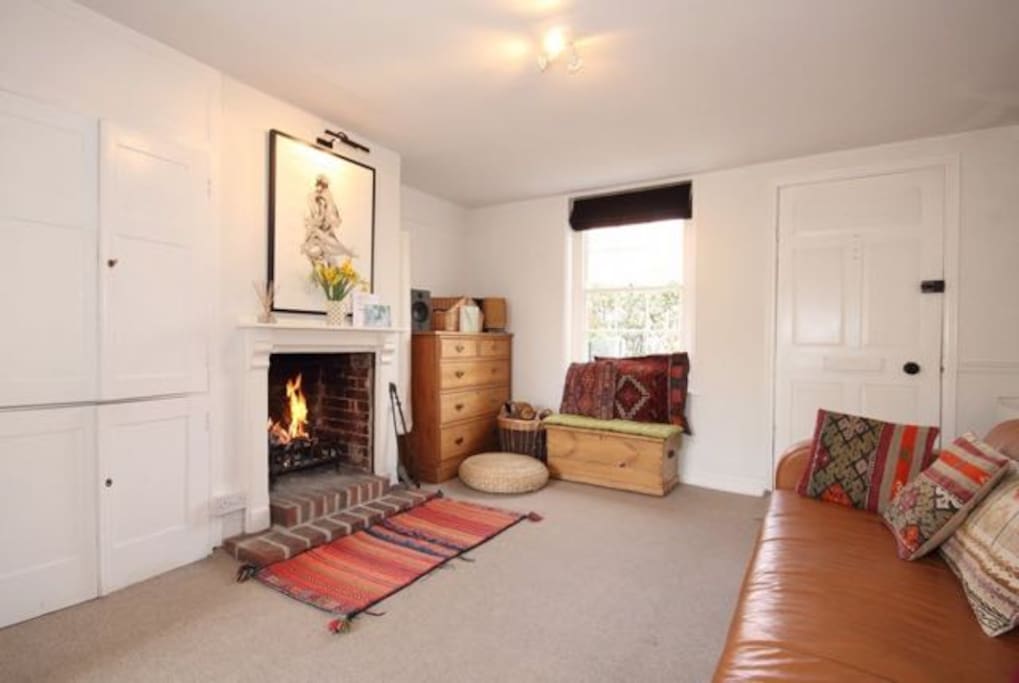 Living room with open fireplace
