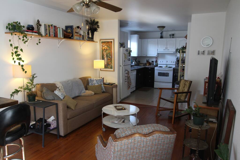 Living room with open kitchen, as you enter the apartment