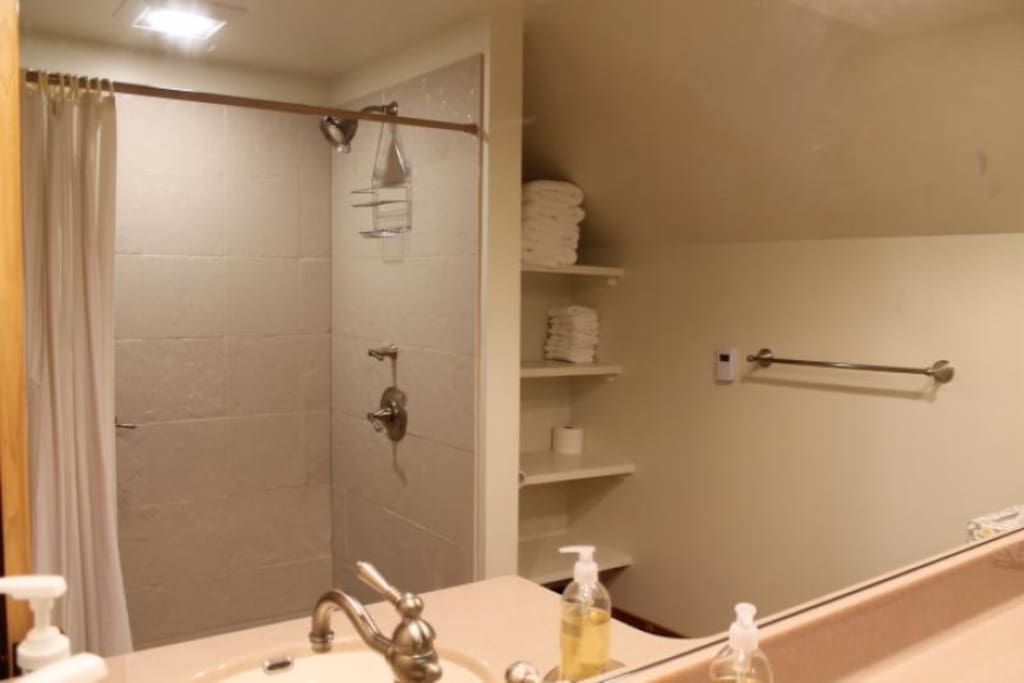 Bathroom with shower, towels, some toiletries, and hair dryer.