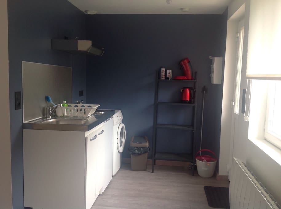Le coin cuisine avec hotte et machine à laver le linge.